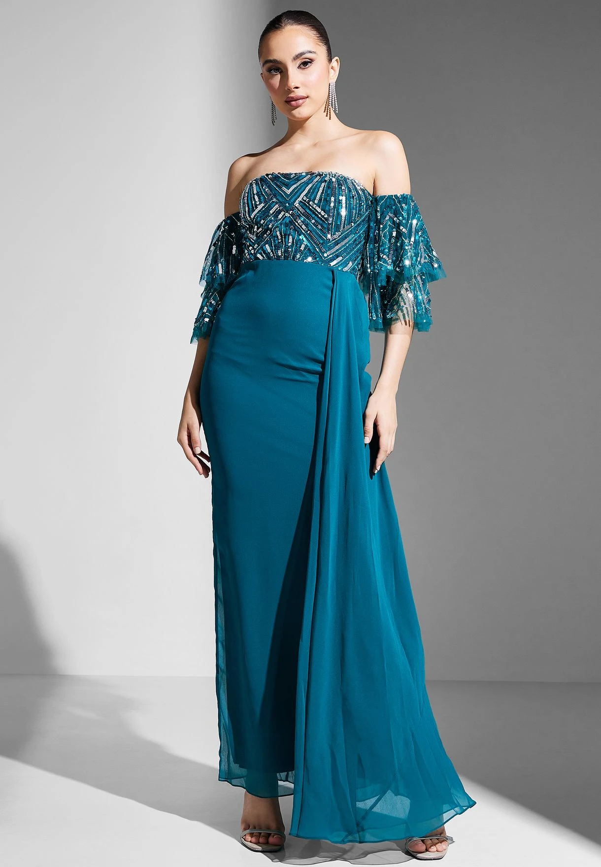 Embellished Bardot Drape Detail Dress 4 Embellished Bardot Drape Detail Dress - Image 4