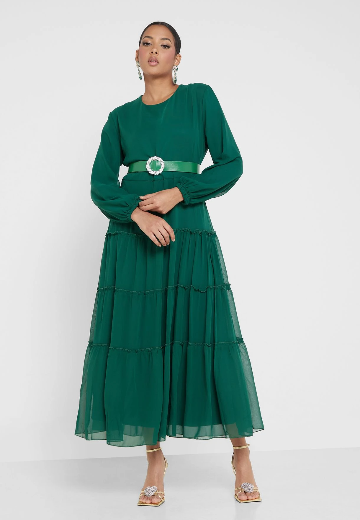 Chiffon Tiered Dress With Belt 4 Chiffon Tiered Dress With Belt - Image 4