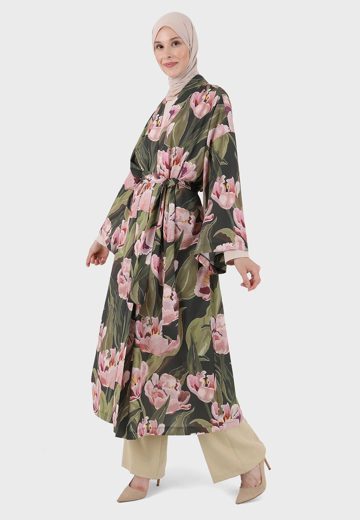 Floral Printed Flute Sleeve Tie Detail Kimono 4 Floral Printed Flute Sleeve Tie Detail Kimono - Image 4