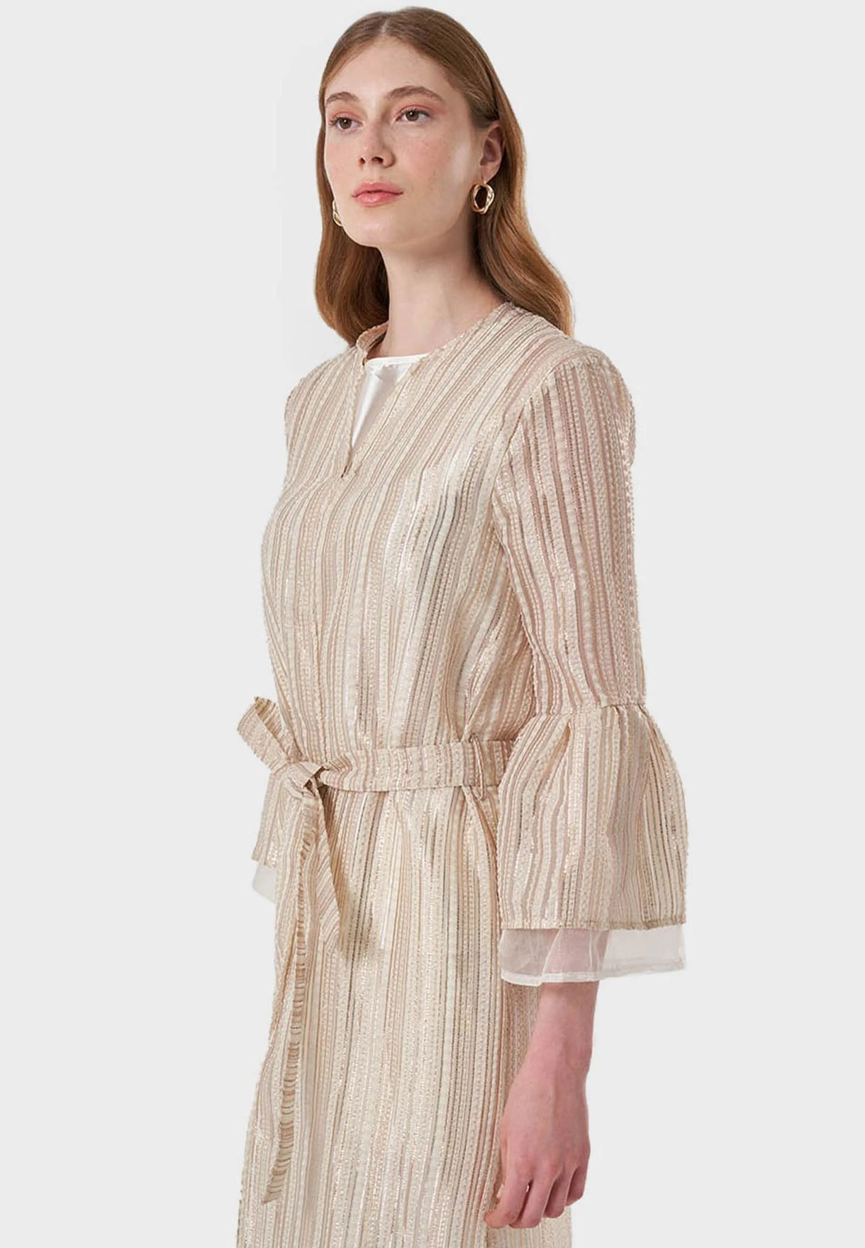 Flared Sleeve Striped Belted Dress 4 Flared Sleeve Striped Belted Dress - Image 4