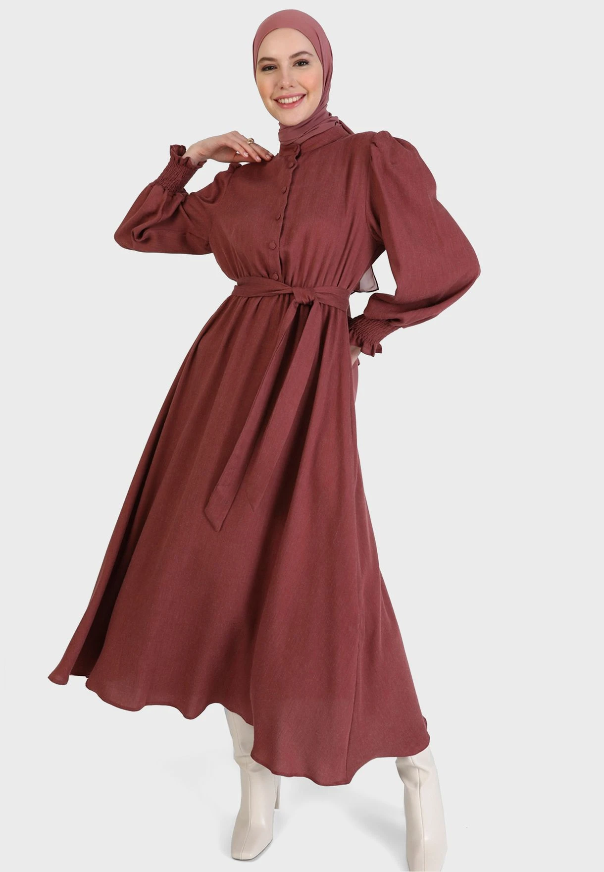 Shirred Balloon Sleeve Belted Dress 4 Shirred Balloon Sleeve Belted Dress - Image 4