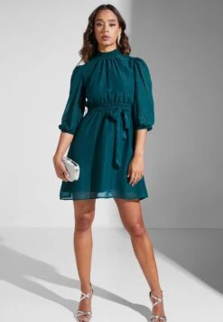 High Neck Belted Puff Sleeve Dress -Silk Bloom Dresses Store 4 zoom desktop 85