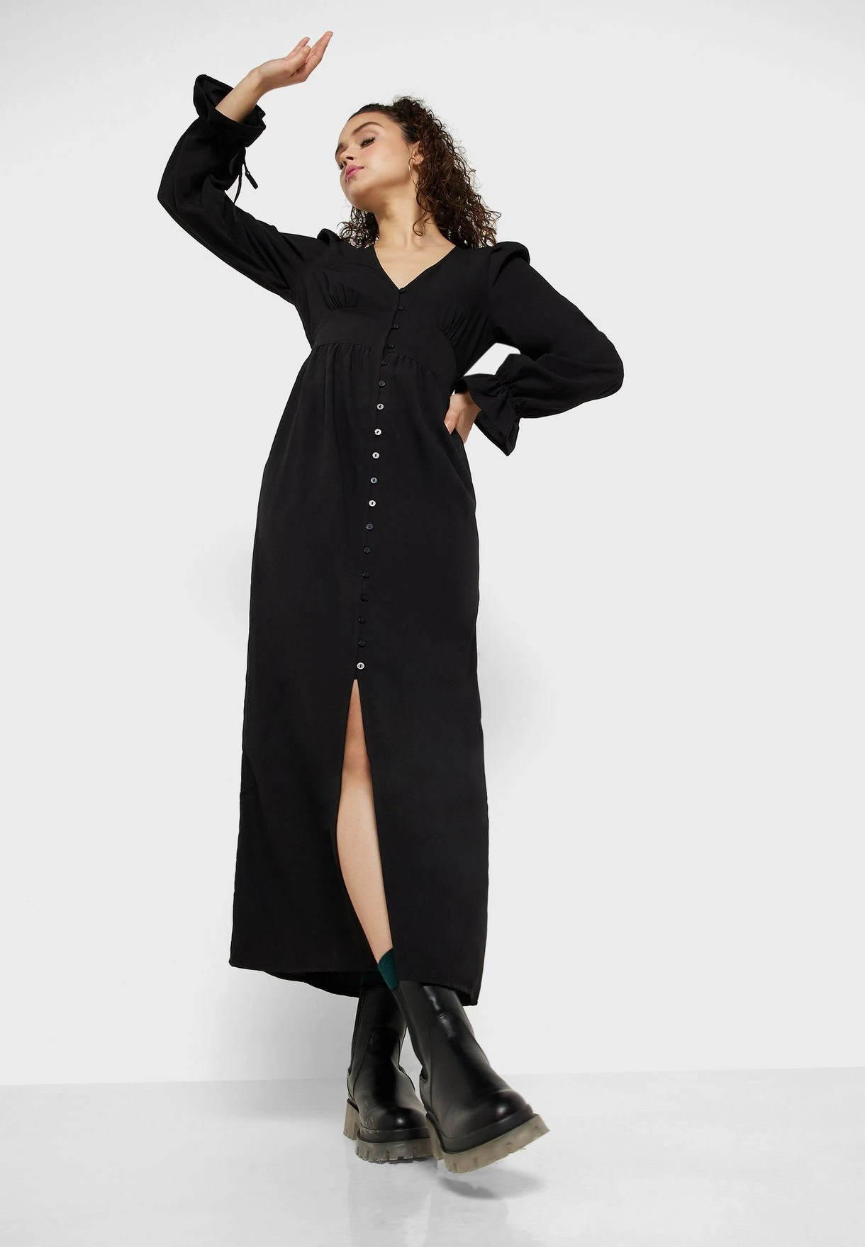 Monki Button Detail Puff Sleeve Dress 4 Monki Button Detail Puff Sleeve Dress - Image 4