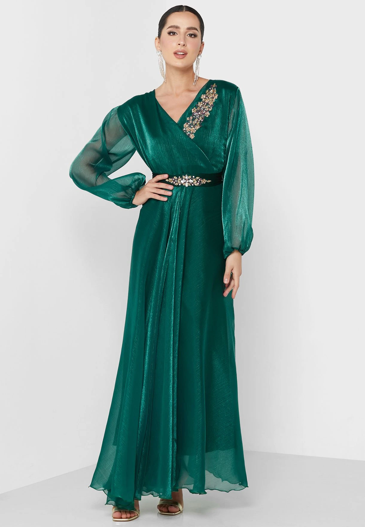 Surplice Neck Flute Sleeve Embellished Dress 4 Surplice Neck Flute Sleeve Embellished Dress - Image 4