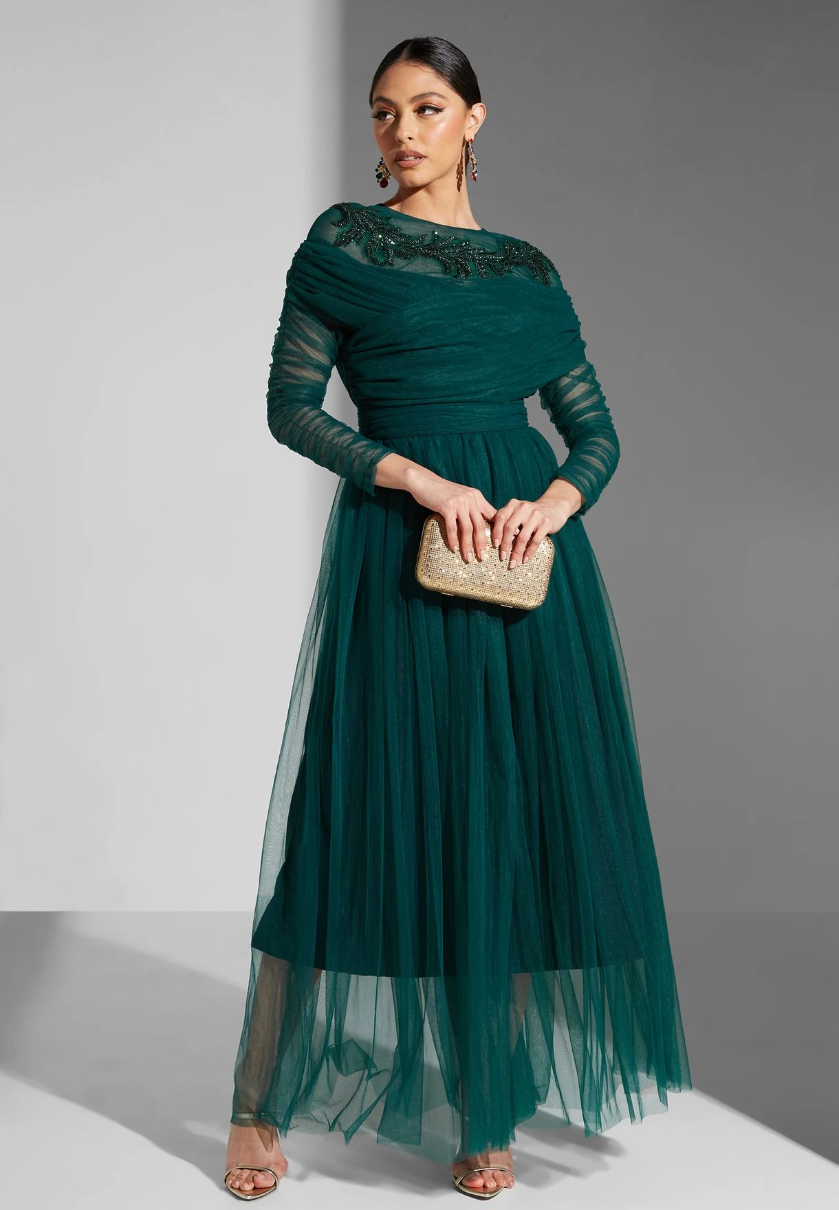Embellished Pleated Dress With Ruching On Sleeve 5 Embellished Pleated Dress With Ruching On Sleeve - Image 5